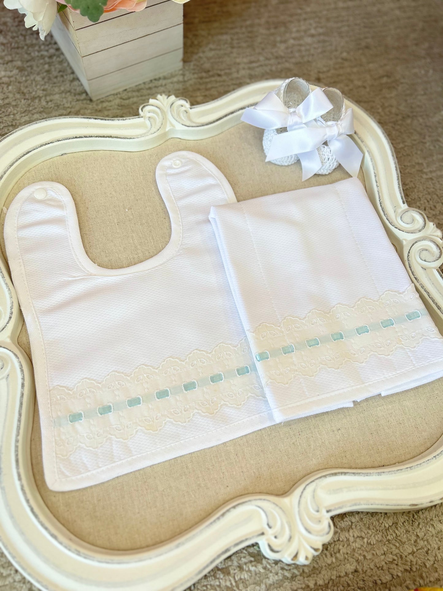 White with Blue Bib & Burper Set