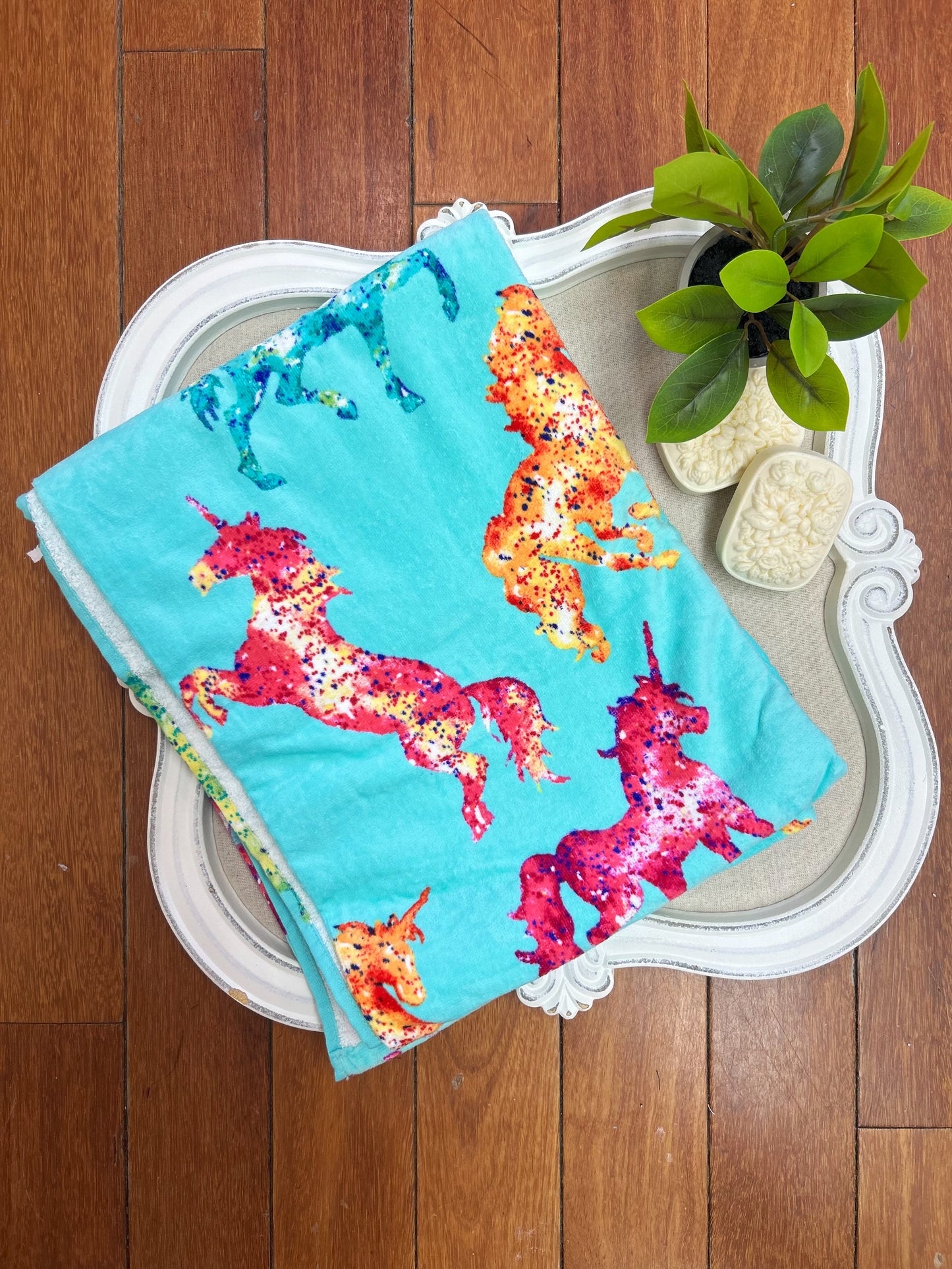 Aqua Unicorns Beach Towel