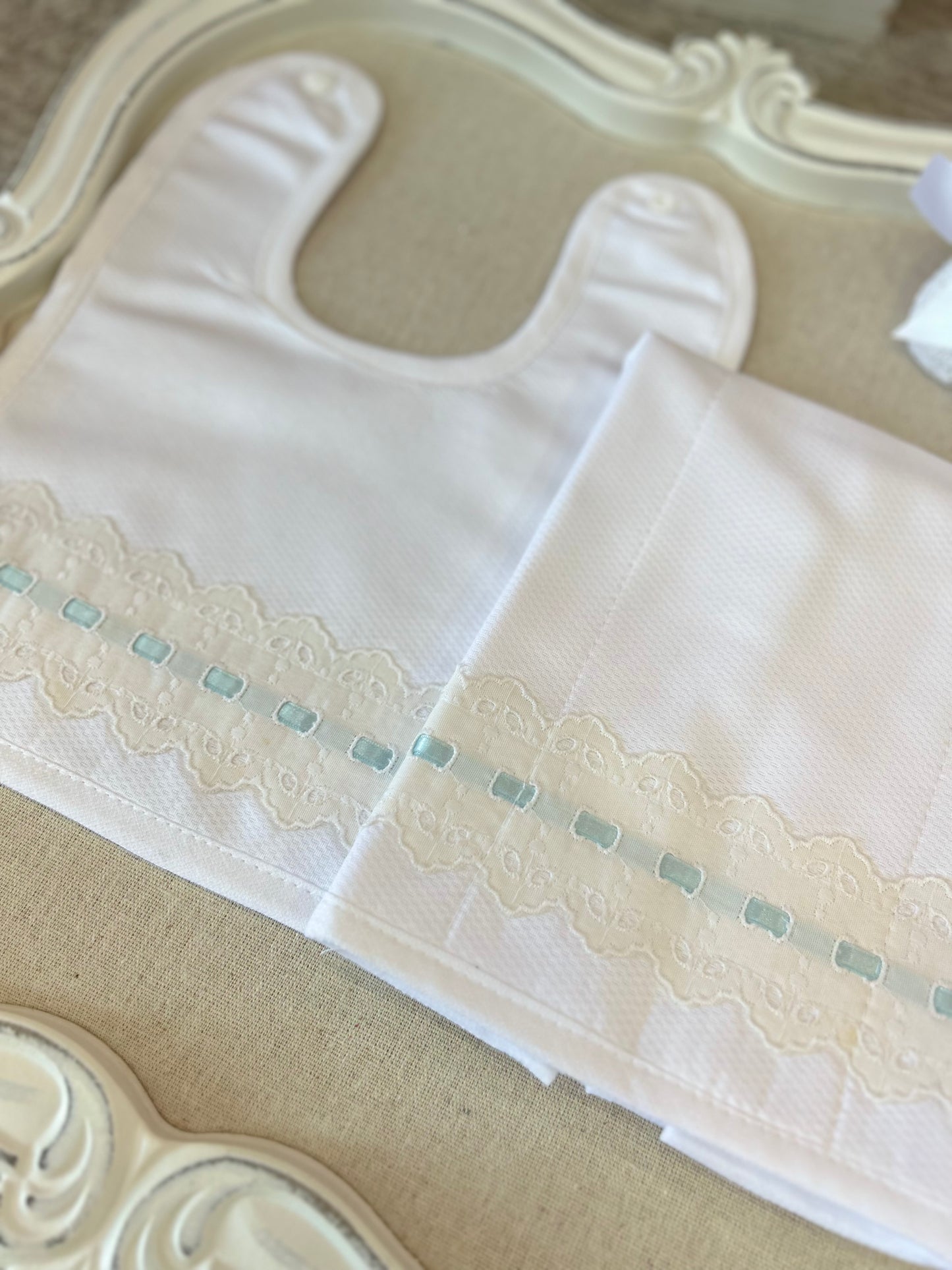 White with Blue Bib & Burper Set