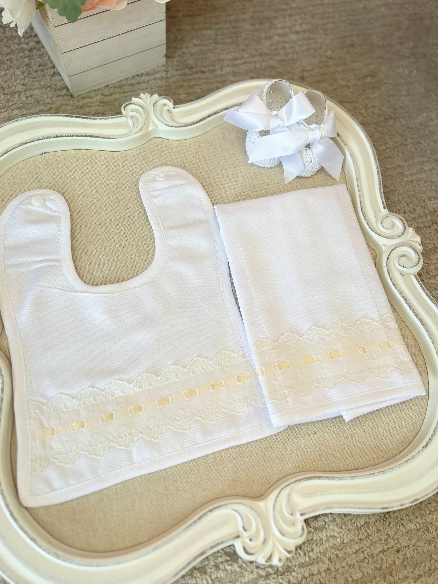 White with Beige Lace Bib & Burper set