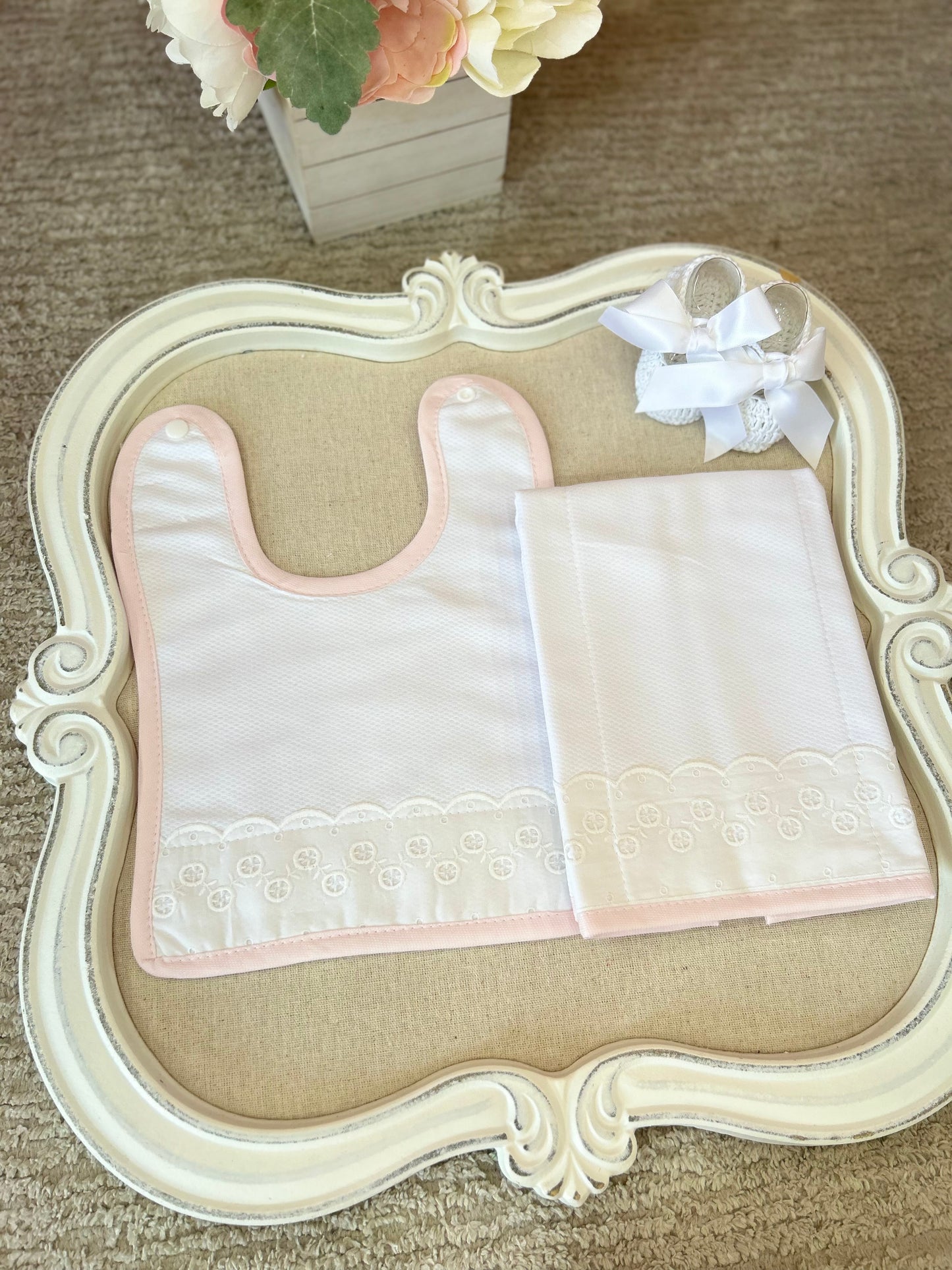 White with Pink Bib & Burper Set