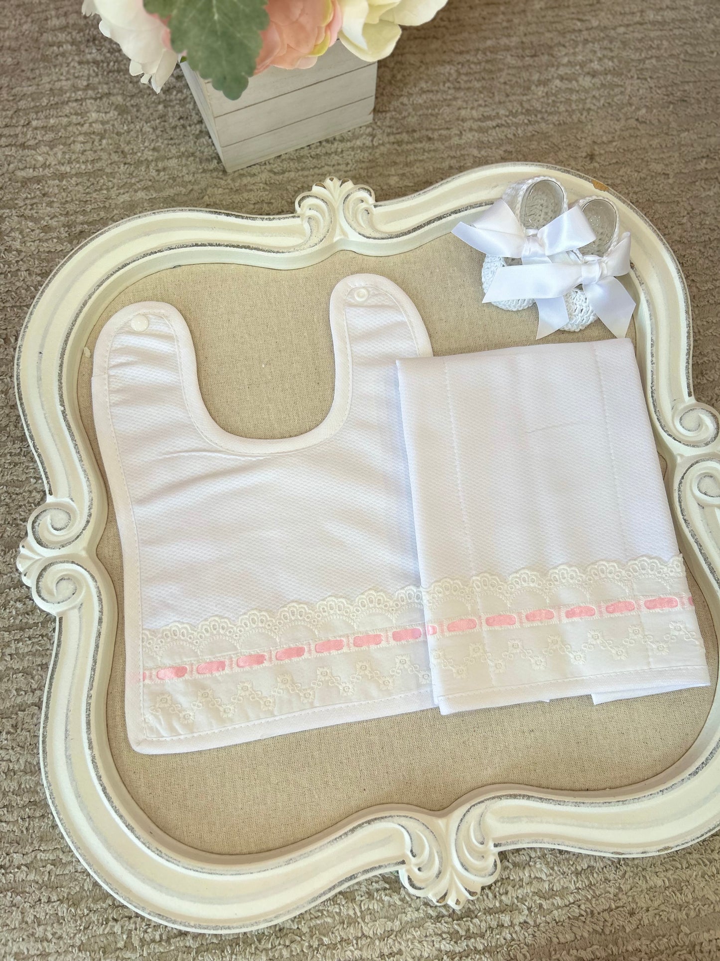 White with Pink Lace Bib & Burper Set