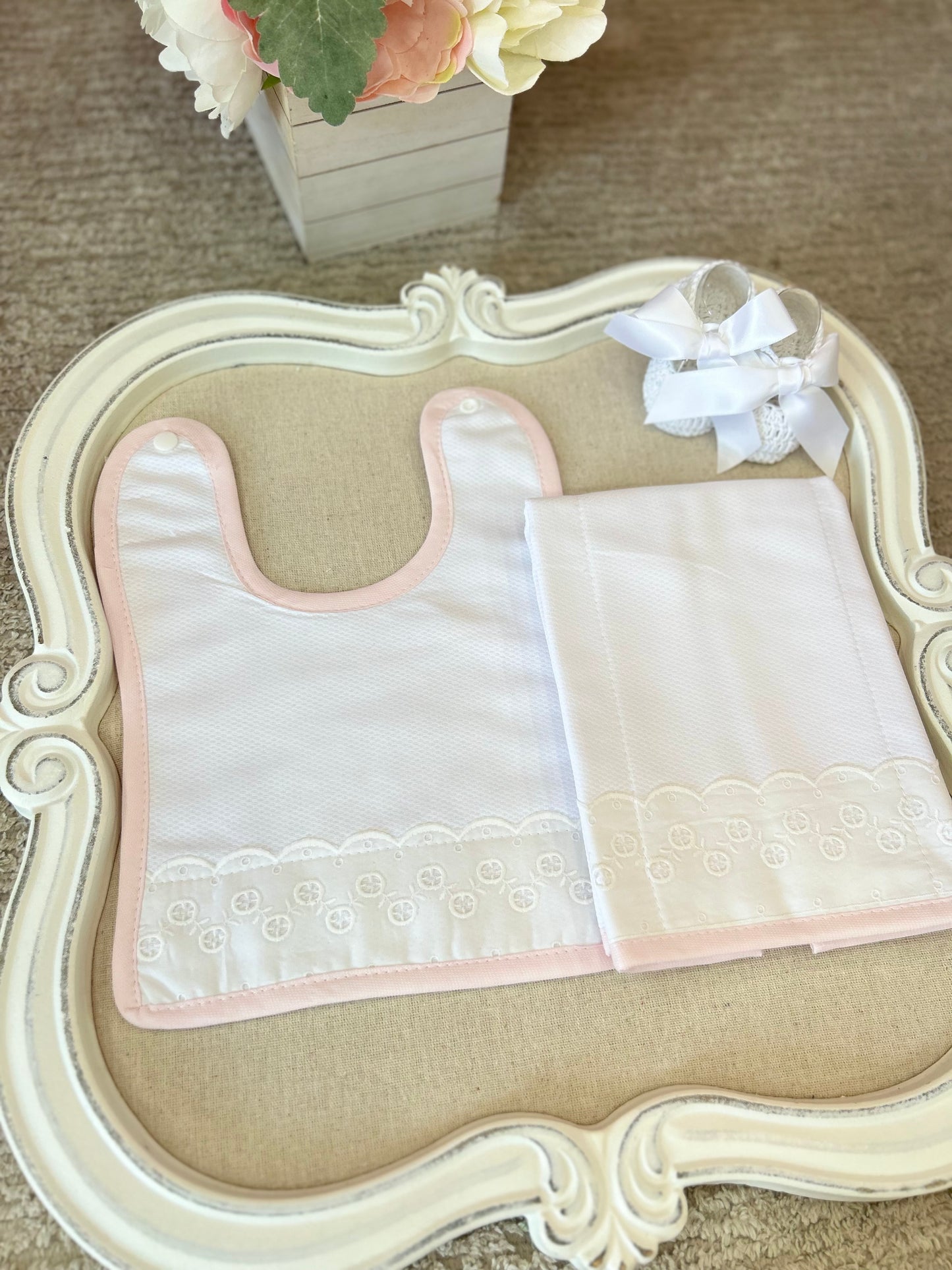 White with Pink Bib & Burper Set