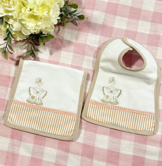 Little Beige Dress Bib & Burp Set