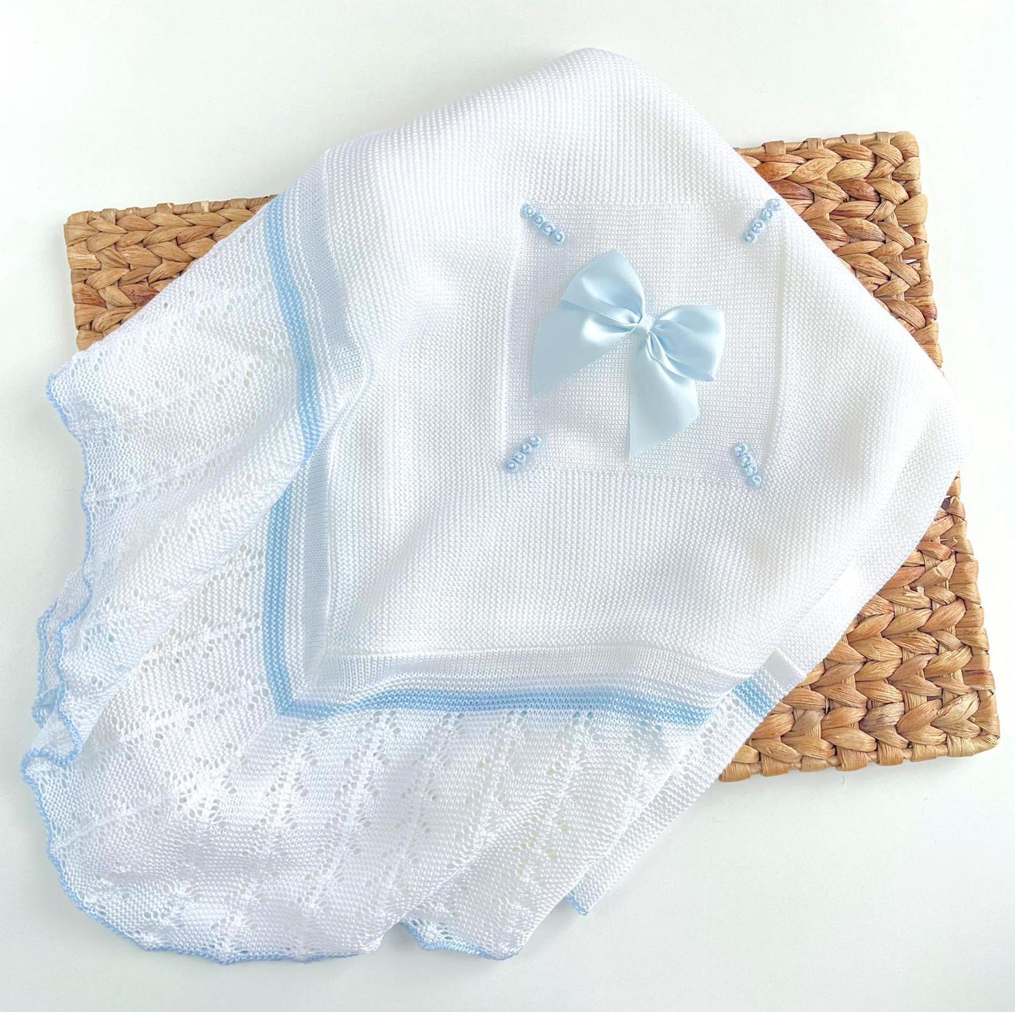 White & Light Blue Knitted Blanket