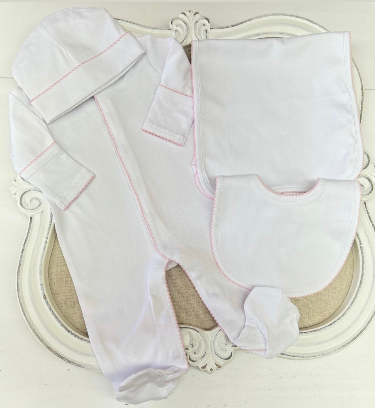 White & Pink Picot Trim Footie Set