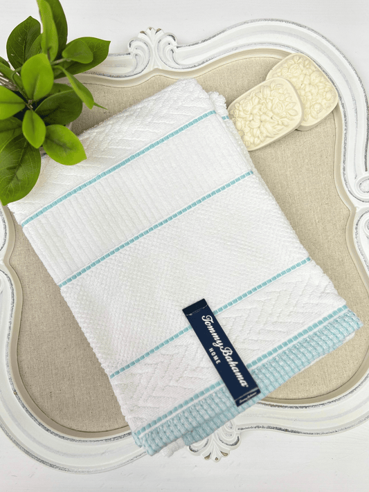 White Towel with Aqua Stripes